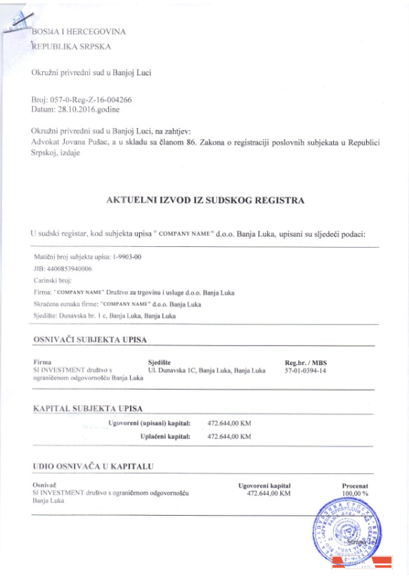 Bosnia and Hercegovina Certificate of Registration